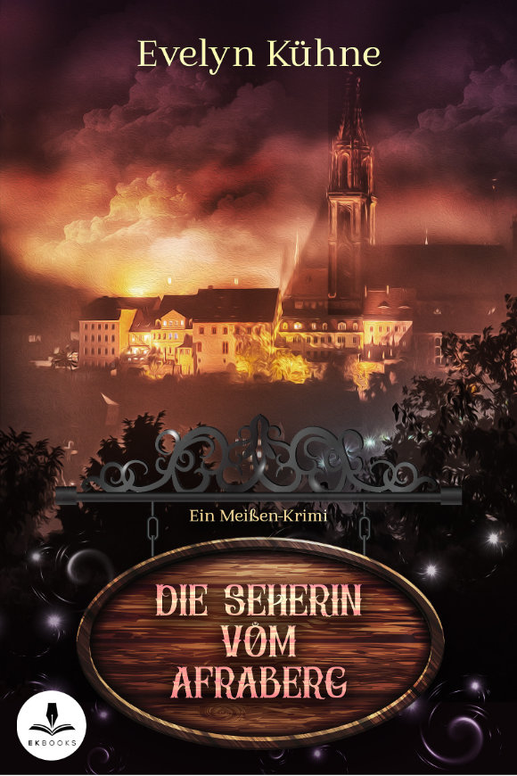 Das Buchcover zeigt eine historische Silhouette von Dom und Burg unter einem dramatisch rötlich leuchtenden Himmel. Im abgedunkelten Vordergrund hängt ein verziertes Schild in Holzoptik mit dem Buchtitel „Die Seherin vom Afraberg“.